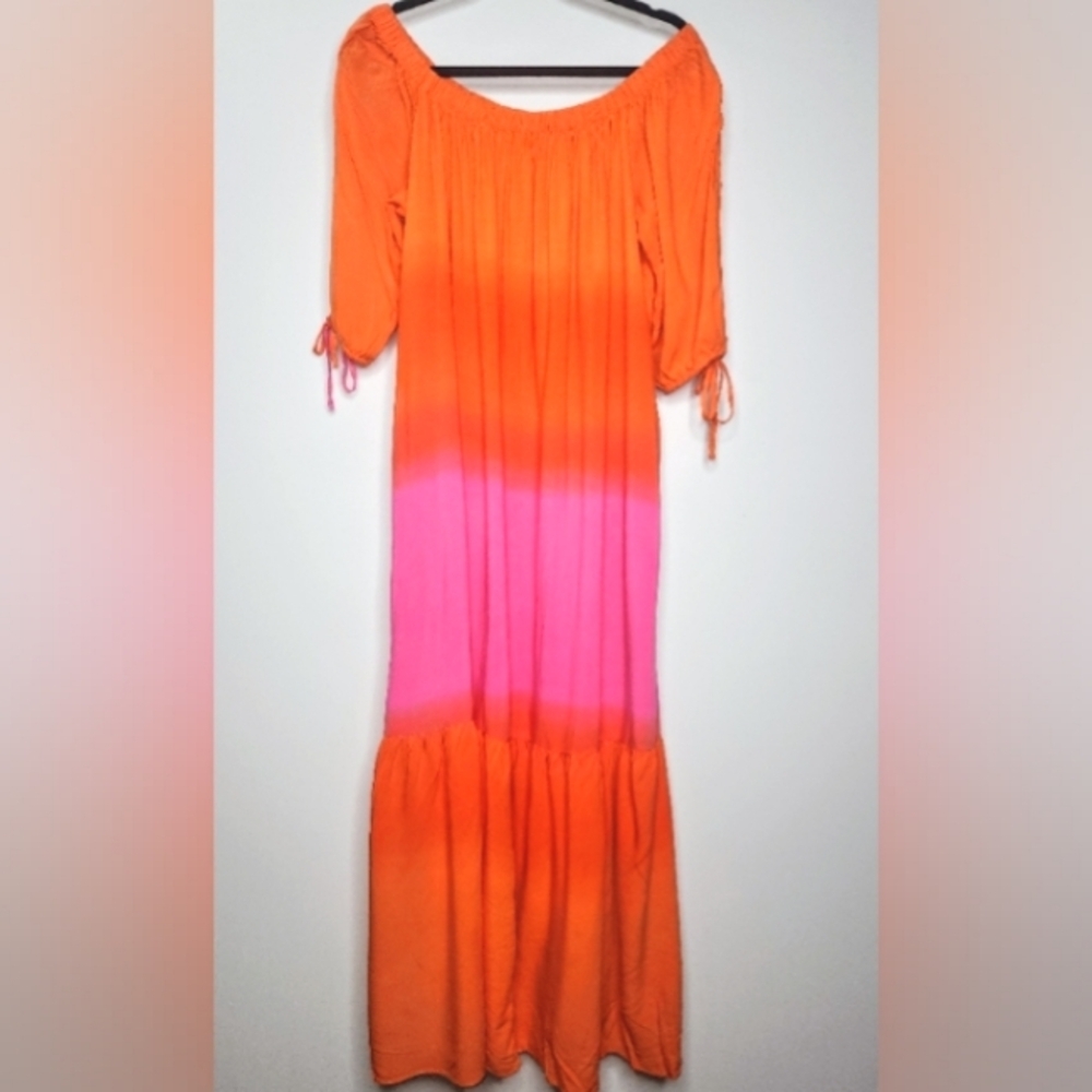 Linea Donatella L Orange Pink Off Shoulder Rayon Blend Breathable Maxi Sundress - Picture 5 of 5